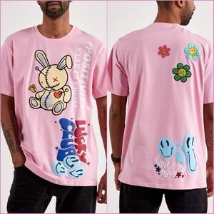BKYS Lucky Patch Bunny Positivity Tshirt S Pink Colorful All Over Graphic